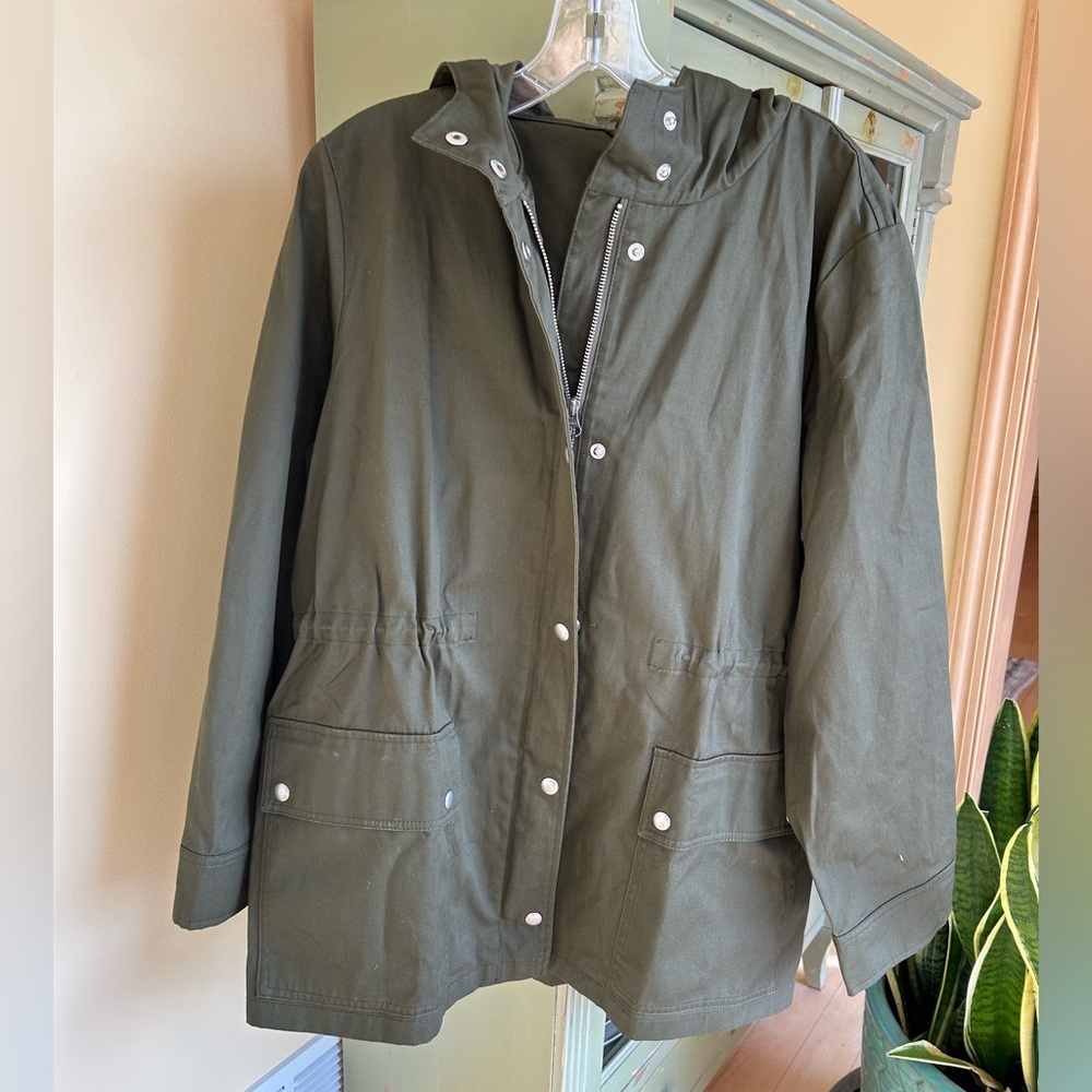 J. Crew Resin Coated Cotton Twill Hooded Women’s Jacket Loden Green Large NWT - Picture 15 of 16